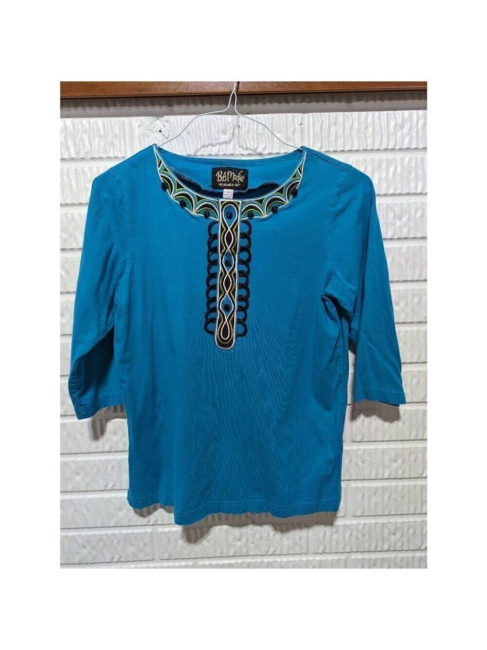 Bob Mackie Women's Teal 3/4 Sleeve Embellished Embroidered Top Size Small